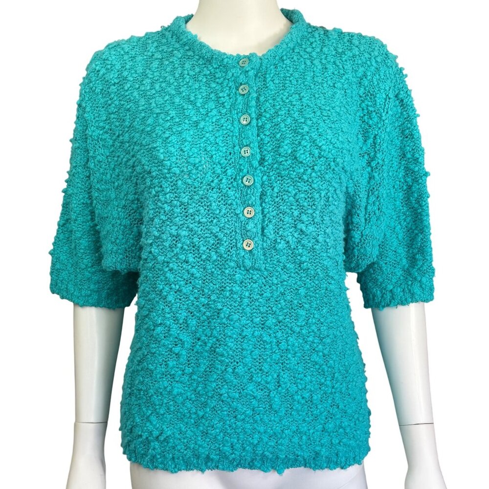 Evian Ltd Vintage Button-Up Textured Knit Sweater Turquoise Blue Size L 1980s